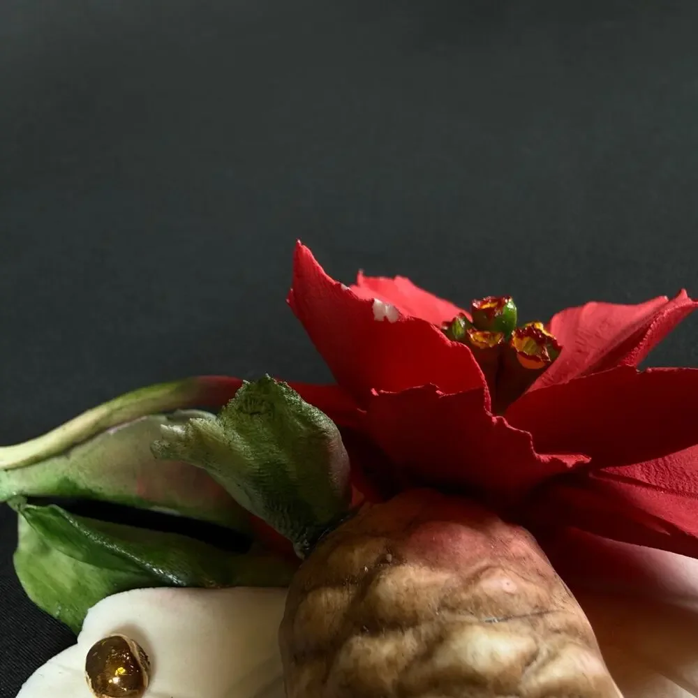 Capodimonte Porcelain Flower Red Poinsettia Pine Cone White and Green Leaves